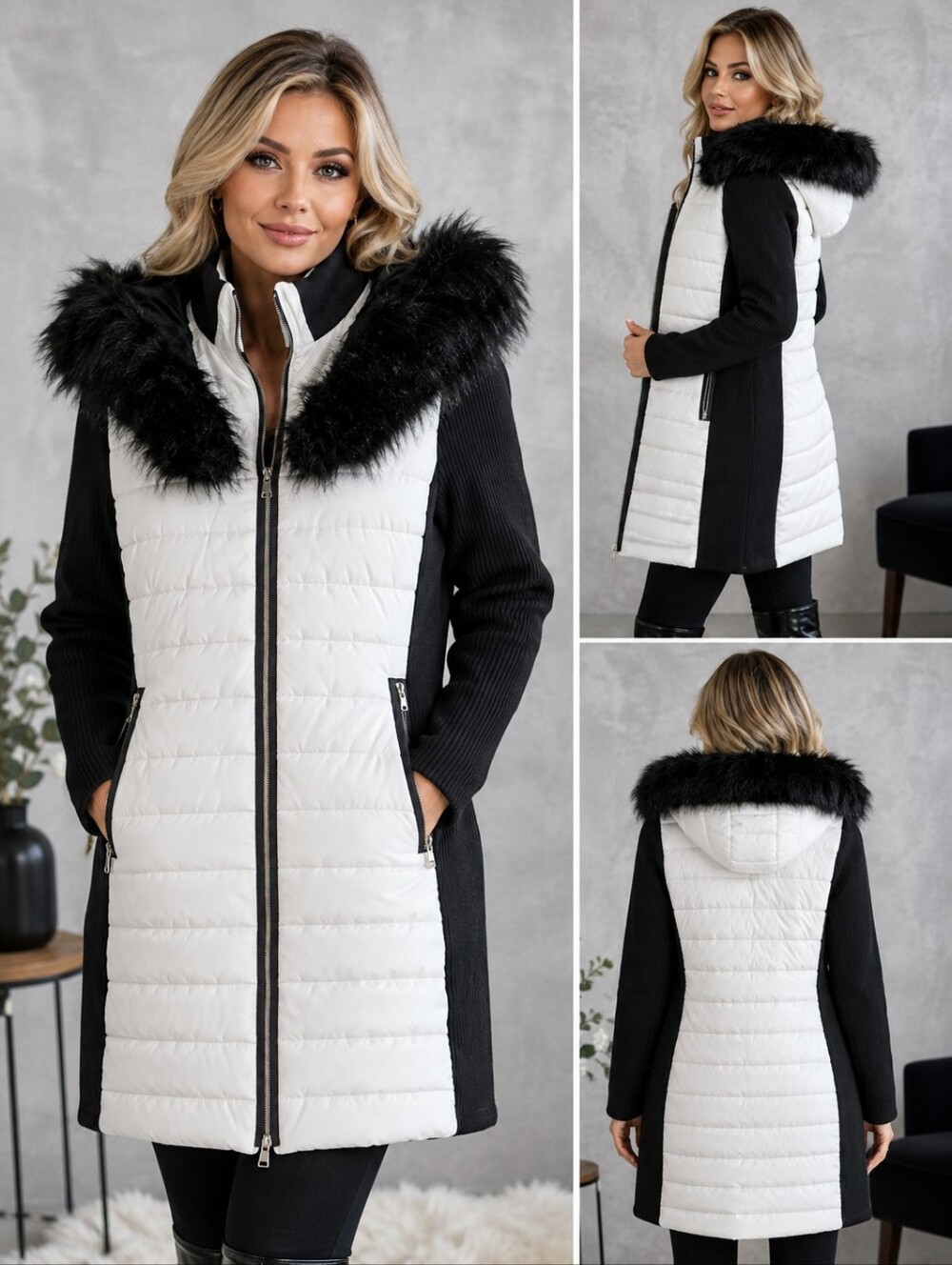 Calvin Klein Black & White Mixed Media Hooded Puffer Coat with Faux Fur Trim